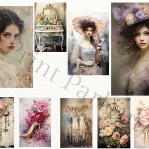 May include: A collage of vintage-inspired images featuring women in elegant dresses, floral arrangements, and antique furniture. The images are painted in soft, muted tones and have a romantic, whimsical feel.