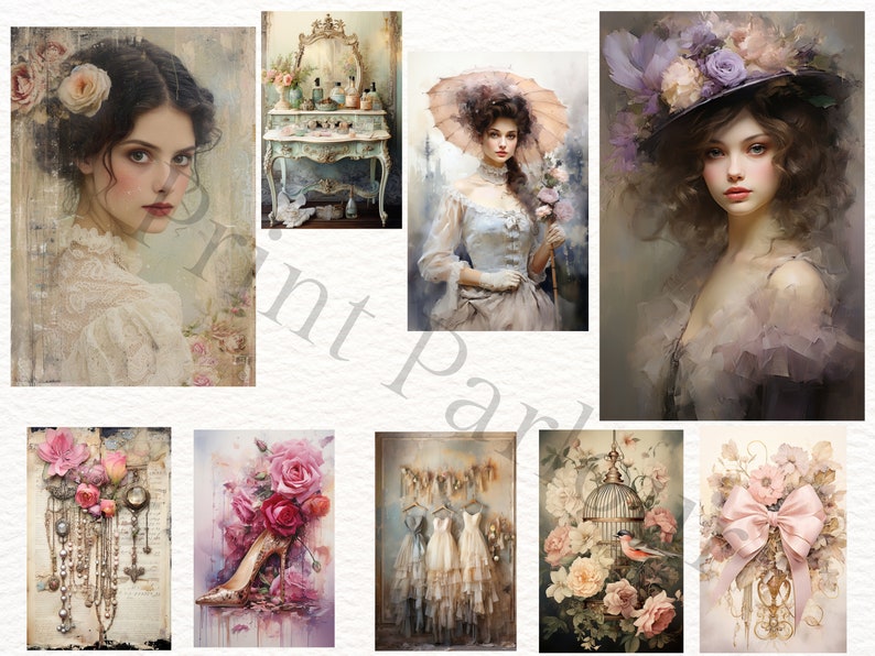 May include: A collage of vintage-inspired images featuring women in elegant dresses, floral arrangements, and antique furniture. The images are painted in soft, muted tones and have a romantic, whimsical feel.