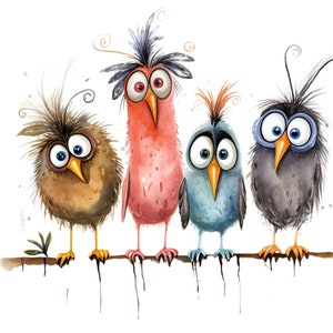 May include: Four cartoon birds with large eyes and colourful feathers are perched on a branch. The birds have different coloured feathers, including brown, pink, blue, and grey.