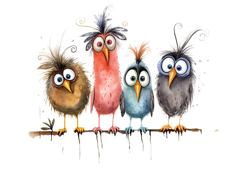 May include: Four cartoon birds with large eyes and colourful feathers are perched on a branch. The birds have different coloured feathers, including brown, pink, blue, and grey.
