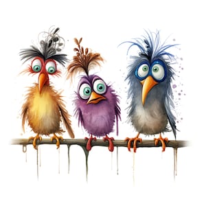 May include: Three cartoon birds with exaggerated features are perched on a branch. The bird on the left has yellow feathers, a red beak, and a messy black and white crest. The middle bird has purple feathers, a pink beak, and a brown crest. The bird on the right has blue feathers, an orange beak, and a blue and white crest.