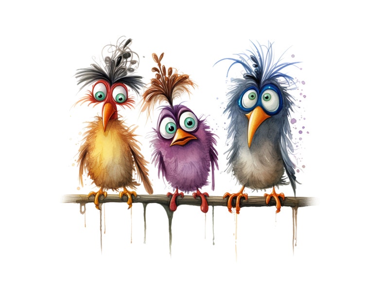 May include: Three cartoon birds with exaggerated features are perched on a branch. The bird on the left has yellow feathers, a red beak, and a messy black and white crest. The middle bird has purple feathers, a pink beak, and a brown crest. The bird on the right has blue feathers, an orange beak, and a blue and white crest.
