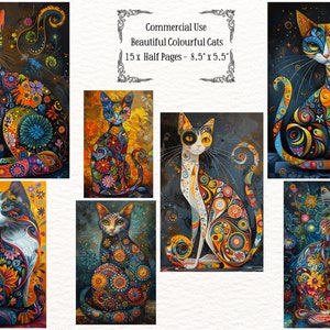 Diario basura de gatos, páginas de diario Shabby Chic, creación de tarjetas con gatos, creación de etiquetas, paquete de papel, papeles digitales de gatos coloridos, papel para álbum de recortes con gatos