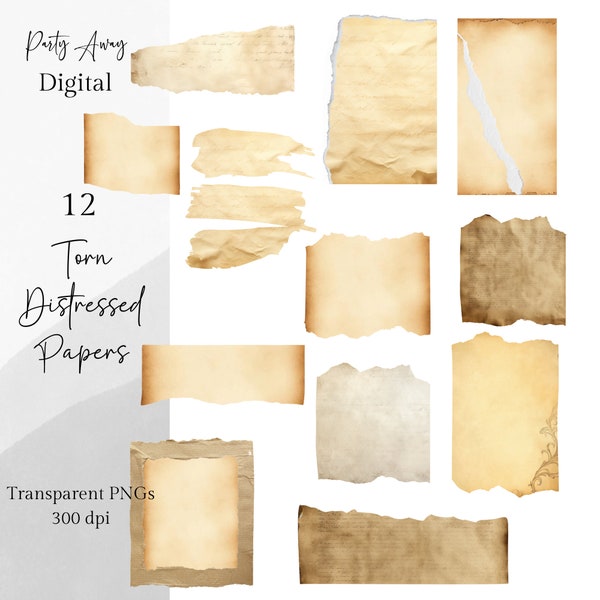 Torn Parchment Paper Clipart PNG, Vintage Grunge, Aged Scraps & Tags, Old Distressed Torn Edges, Scrapbook, Junk Journals Commercial Use