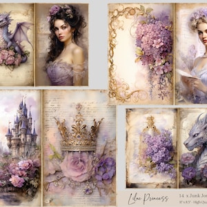 Princess Junk Journal Kit, Digital Download, Printable Pages, Ephemera, Bookmarks, ATC Cards, Scrapbook Supplies, Lilac, Dragon Junk Journal