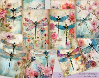 Dragonfly Junk Journal Pages: Vintage Ephemera, Floral (Digital Download)