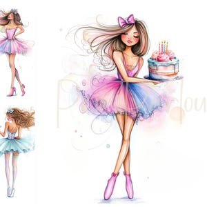 Clip Art di ragazza di compleanno 12 JPG ad alta risoluzione ad acquerello per diario spazzatura, scrapbooking, creazione di biglietti, clipart per feste di compleanno fantasy stravagante