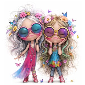 Hippie Mädchen Clipart 12 hochauflösende JPGs in Aquarell Farben für Junk Journaling, Scrapbooking, Kartenherstellung, Digital Download Kit, Hippies Clipart JPG