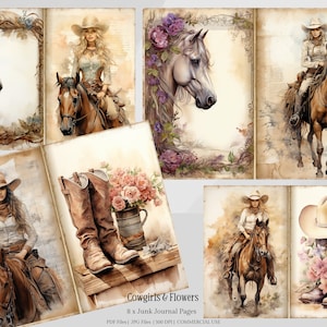 Páginas imprimíveis de diário de lixo ocidental em aquarela, kit de diário de lixo de cowboy, papel de diário de lixo de cowgirl, diário de lixo de cavalos, folha de colagem