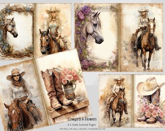 May include: Eight digital collage sheets featuring cowgirls riding horses, cowboy boots, and pink roses in a rustic setting. The text "Cowgirls & Flowers" and "8 x Junk Journal Pages" is included in the image.