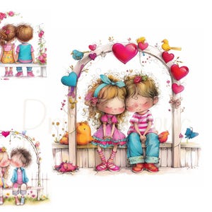 Valentine Clip Art 14 High Res Watercolor JPGs for Junk Journaling, Scrapbooking, Card Making, Cute Kids Valentine Clipart Fantasy Whimsical