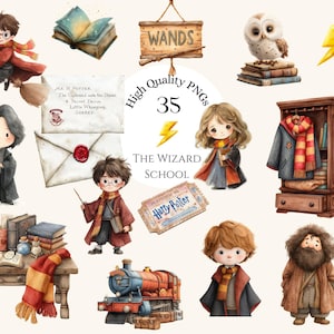 以下が含まれることがあります： 魔法学校のキャラクターとオブジェクトの水彩イラスト。ほうき、本、フクロウ、電車、ワードローブ、ローブを着たキャラクターが含まれています。テキストには「WANDS」、「Harry Potter」、「The Wizard School」が含まれています。