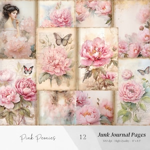 Peony Junk Journal Kit, Vintage Journal Papers Pink Peonies Junk Journal Printable Vintage Junk Journal Digital Kit Floral Printable Journal
