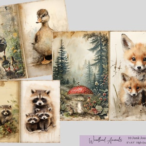 Woodland Junk Journal Kit, Woodland Animals Junk Journal, Cute Baby Animals, Journal Pages, Collage sheet, Digital Download Fox, Bear