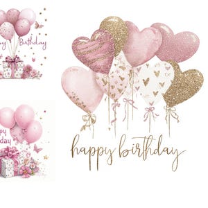 Pode incluir: Ilustração em aquarela de balões rosa e dourados, alguns em forma de coração, com a frase "Happy Birthday" em letras douradas. A imagem tem um tema festivo, ideal para cartões de aniversário ou decorações de festa.