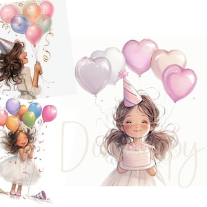 Clipart di ragazze di compleanno stravaganti 12 JPG ad acquerello ad alta risoluzione per il diario di scarto, scrapbooking, creazione di biglietti, download digitale Clipart di compleanno