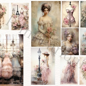 May include: A collage of vintage-inspired images featuring women in elegant dresses, floral arrangements, and antique-style decor. The images are in soft pastel colors and have a romantic and whimsical feel.