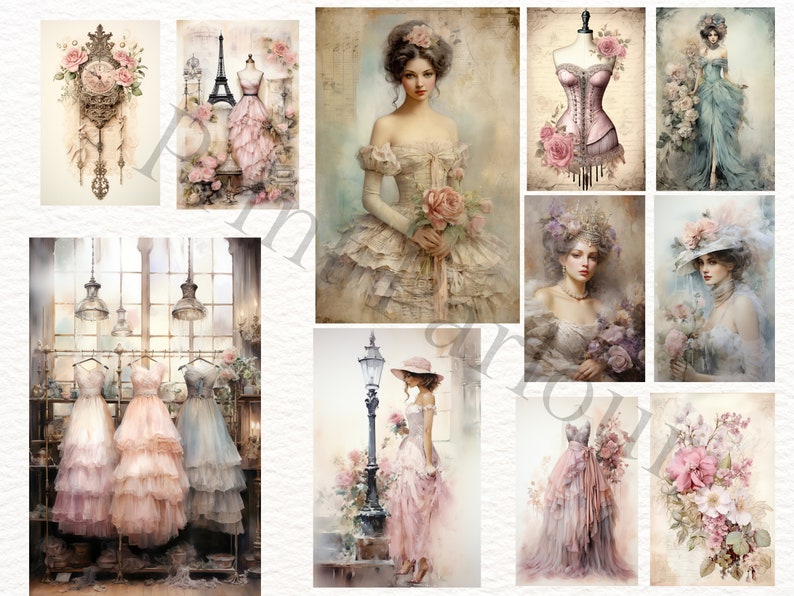 May include: A collage of vintage-inspired images featuring women in elegant dresses, floral arrangements, and antique-style decor. The images are in soft pastel colors and have a romantic and whimsical feel.
