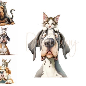 Image clipart drôle de chien et de chat 12 fichiers JPG aquarelle haute résolution pour la journalisation indésirable, le scrapbooking, la fabrication de cartes Clipart drôle de Pâques animaux mignons