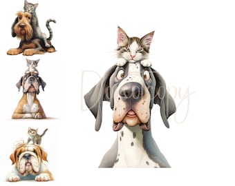 Imágenes prediseñadas de perros y gatos divertidos en acuarela: JPG de alta resolución (descarga digital)