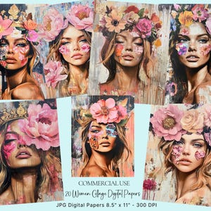 Fashion Junk Journal, Women Flowers Digital Art, Whimsical portraits, Mixed Media Flower Girls, Flower Girl Wall Art, Flower Girls Portrait