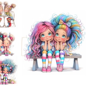 Migliori amiche, bambine Clip Art 15 JPG ad alta risoluzione ad acquerello per diario spazzatura, scrapbooking, creazione di biglietti, artigianato di carta Whimsical Girls