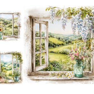 May include: Watercolor painting of open windows overlooking a lush green landscape. The windowsills feature vases of flowers, including sunflowers and daisies. Wisteria and other greenery frame the windows, creating a serene, pastoral scene.