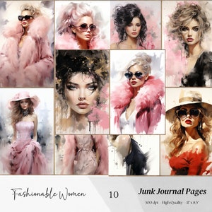 Fashion Junk Journal, afdrukbare modejournaalpagina's vrouwenpapieren, mixed media fotocollage, digitale scrapbooking, mode-ephemera