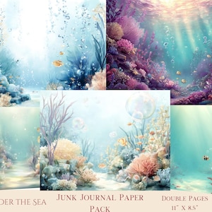 Könnte beinhalten: Digitales Junk-Journal-Papierpaket mit Unterwasser-Thema. Die Illustrationen zeigen Korallenriffe, Fische und Blasen in Blau-, Rosa- und Gelbtönen. Das Papier hat eine Größe von 27,9 cm x 21,6 cm.