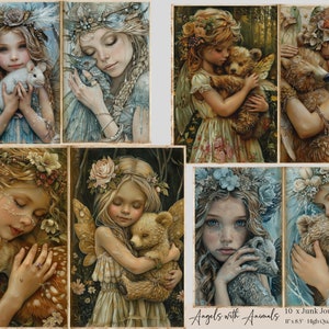 Pagine di diario vintage con angeli, diario con fate, foglio di collage celeste, diario con animali, effimeri angeli, diario con angeli