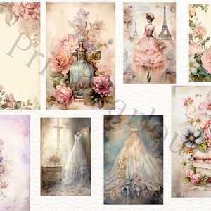 May include: A digital collage sheet with 8 images featuring vintage-inspired floral designs, a woman in a pink dress, a wedding dress, and a bottle of perfume. The images are in a soft, romantic style with muted colors.
