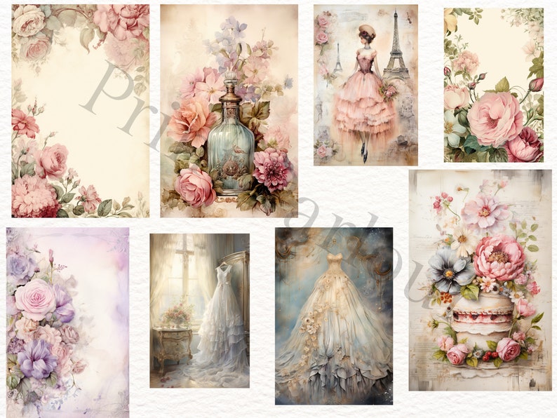 May include: A digital collage sheet with 8 images featuring vintage-inspired floral designs, a woman in a pink dress, a wedding dress, and a bottle of perfume. The images are in a soft, romantic style with muted colors.