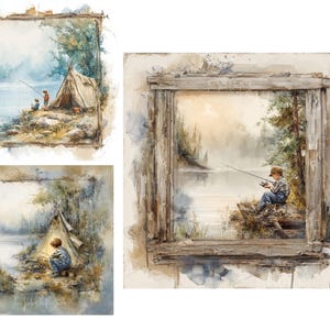 Watercolor Fishing Clipart: Camping Illustrations (Digital Download, 12 JPG Files)