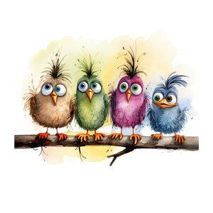 May include: Four cartoon birds with large eyes are perched on a branch. The birds are brown, green, purple, and blue. They are all looking to the right.