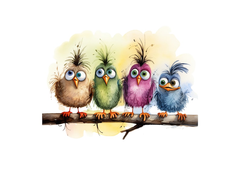 May include: Four cartoon birds with large eyes are perched on a branch. The birds are brown, green, purple, and blue. They are all looking to the right.