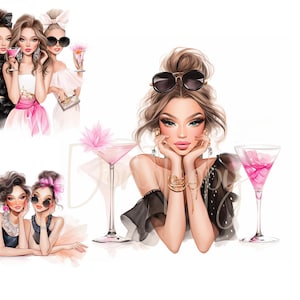 Clipart di compleanno stravaganti 14 JPG ad acquerello ad alta risoluzione per il diario spazzatura, scrapbooking, creazione di biglietti, download digitale Cocktail Ladies