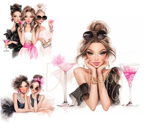 Cocktail Ladies Clipart: Watercolour Birthday Girls Digital Download