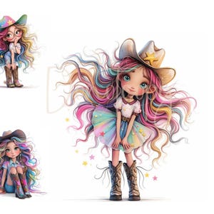 Cow Girls clipart 14 high-res aquarel jpg's voor junk journaling, scrapbooking, kaarten maken, digitale downloadkit, paarden, kleine koeienjongens