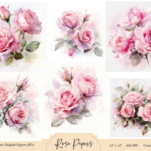 Puede incluir: Un conjunto de 14 papeles digitales con ilustraciones de acuarela de rosas rosas con hojas verdes. Los papeles miden 30,5 cm x 30,5 cm y 300 DPI. Son para uso comercial.