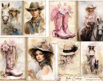 Peut inclure: Un ensemble de 14 pages de journal de rebut imprimables numériques sur le thème du cow-boy bohème. Les pages comprennent des images de chapeaux de cow-boy, de bottes, de fleurs et de personnes en tenue western. Chaque page mesure 28 cm sur 21,5 cm.