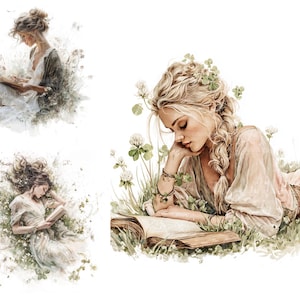Op de afbeelding: Waterverfillustraties van vrouwen die boeken lezen in de natuur. De afbeeldingen tonen vrouwen omringd door bloemen en groen, verdiept in hun boeken. Het kleurenpalet is zacht, met pasteltinten en een dromerige esthetiek, die een gevoel van rust en vrije tijd oproept.