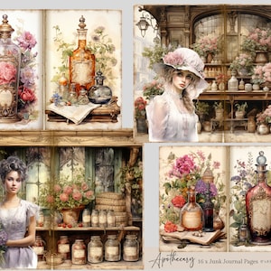 Páginas de diário de lixo de boticário, kit de papel para scrapbook digital, diário de lixo de ervas, diário de lixo floral, itens vintage, cartões ATC de boticário