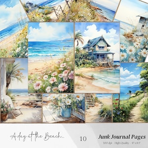 Vintage Beach Junk Journal Pages, feuille de scrapbooking plage papier imprimable collage collage vintage kit de carnet de bordeaux nautique Beach Junk Journal
