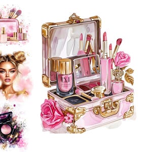 Maquillaje Clipart Ilustración Acuarela Moda Glam Clip Art Belleza Cosméticos Pinceles Gráficos Archivos JPG de alta resolución Belleza Clipart Moda Chica