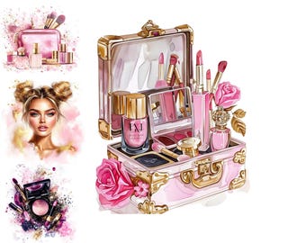 May include: A pink and gold makeup case with a mirror, brushes, lipsticks, and nail polish. The case is decorated with roses and has a gold clasp.