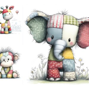 May include: A whimsical illustration features three patchwork animal figures: a giraffe, an elephant, and a monkey. The giraffe stands tall with a colorful patchwork design, while the elephant has large ears and a trunk. The monkey sits with a sweet expression.