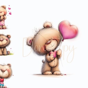 Clipart di orsetto di San Valentino 12 JPG ad alta risoluzione per acquerello per il diario spazzatura, la creazione di biglietti di scrapbooking, Clipart di amore di San Valentino Orsetto carino di San Valentino