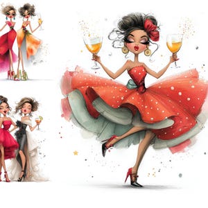 May include: Watercolor illustration of stylish women in elegant dresses, holding cocktails and champagne glasses. The dresses are in shades of red, orange, black, and white. The image has a whimsical, artistic style, with splashes of color and a celebratory theme.