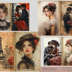 Páginas do Junk Journal de Paris, Colagem Vintage para Impressão, Papéis Digitais de Paris, Junk Journal de Mulheres Vitorianas, Papéis Digitais de Paris Paris Ephemera