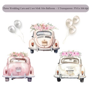 Hochzeitstag, Just Married Png, rosa Blumen Auto Clipart, Kartenherstellung, 5 PNG 3 Hochzeitsautos und Reihe von Mr Mrs Ballons Png, Hochzeitsauto Png,